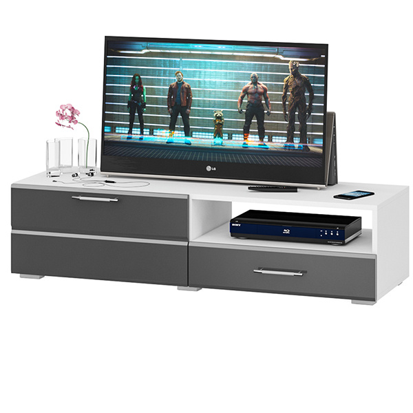 Тумба под ТВ Ларго 1,4, цвет корпус белый/фасады МДФ графитово-серый глянец, ШхГхВ 140х46х35 см., НЕ универсальная сборка
