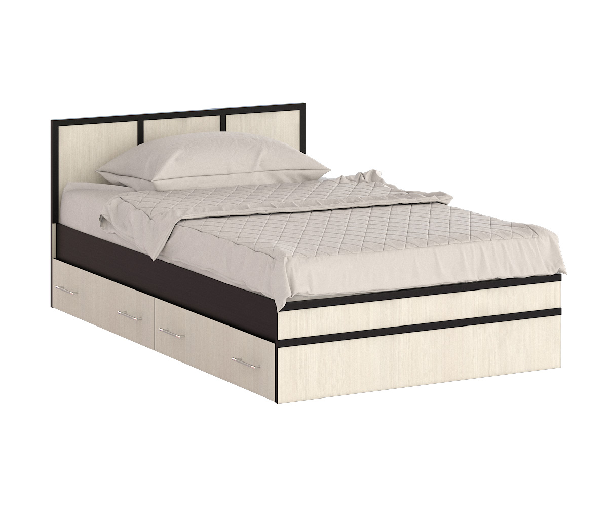 Кровать  Сакура с ящиками 1200, цвет венге/дуб лоредо, ШхГхВ 123,5х203,5х80 см., сп.м. 1200х2000 мм., без матраса, основание есть, универсальная сборка