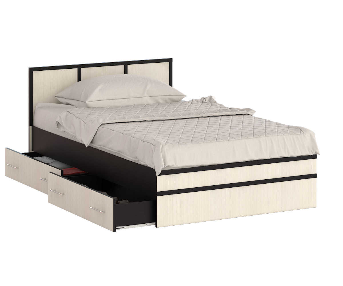 Кровать  Сакура с ящиками 1200, цвет венге/дуб лоредо, ШхГхВ 123,5х203,5х80 см., сп.м. 1200х2000 мм., без матраса, основание есть, универсальная сборка