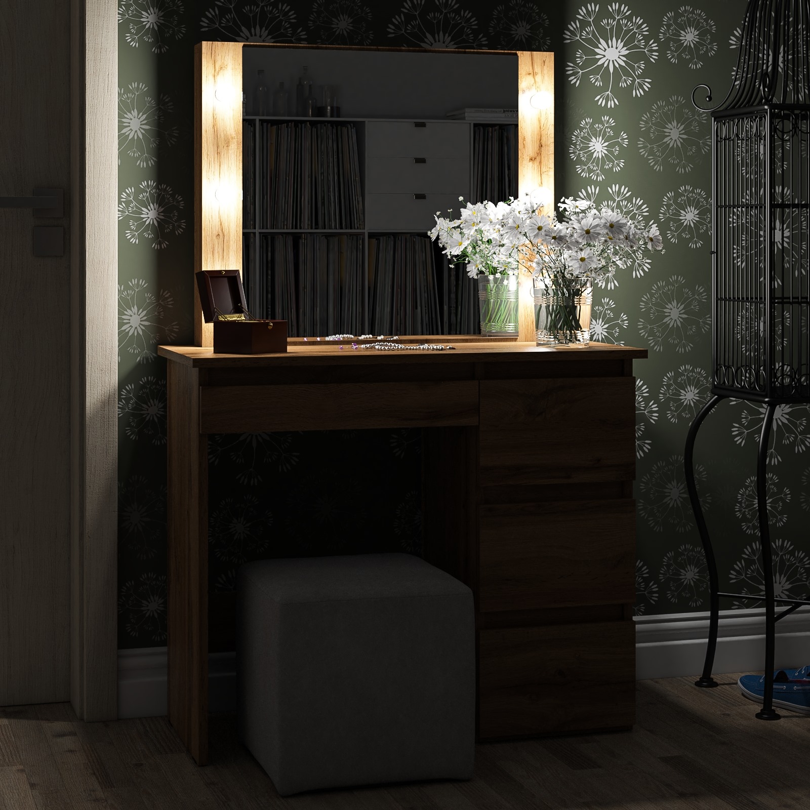Стол косметический с подсветкой Сура, цвет дуб вотан, ШхГхВ 90х40х136 см., патрон Е14, ролик. направл., НЕ ун. сб., лампочки надо купить дополн