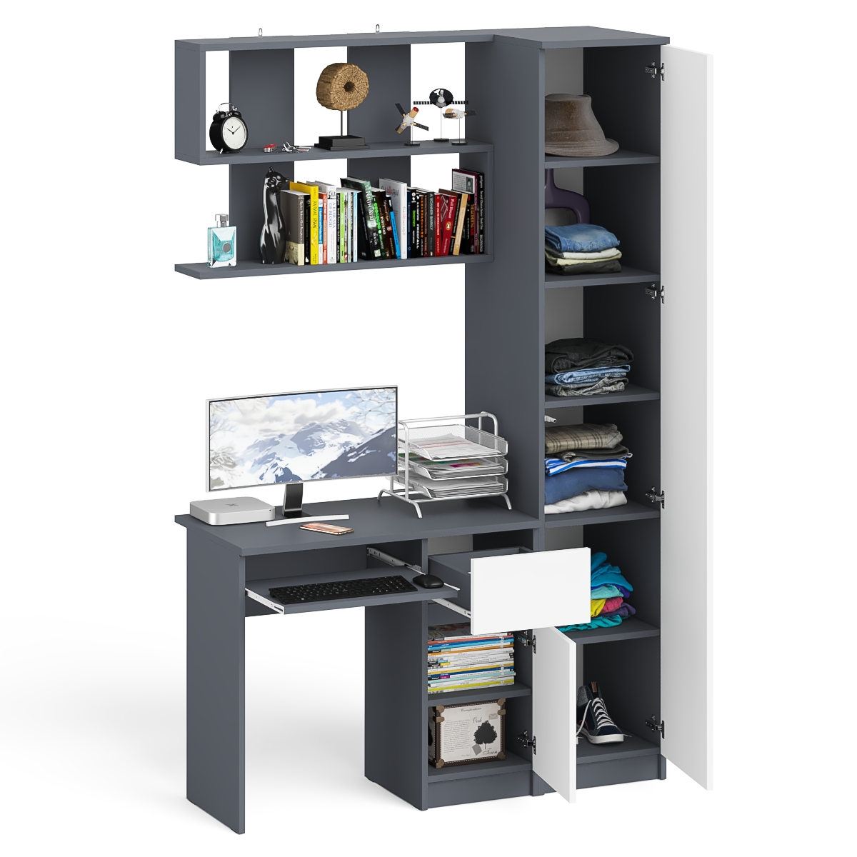 Стол компьютерный Мори МС-1 правый + Пенал МШ400.1 + Полка 900, цвет графит/белый, ШхГхВ 130,4х50,4х209,6 см., НЕ универсальная сборка