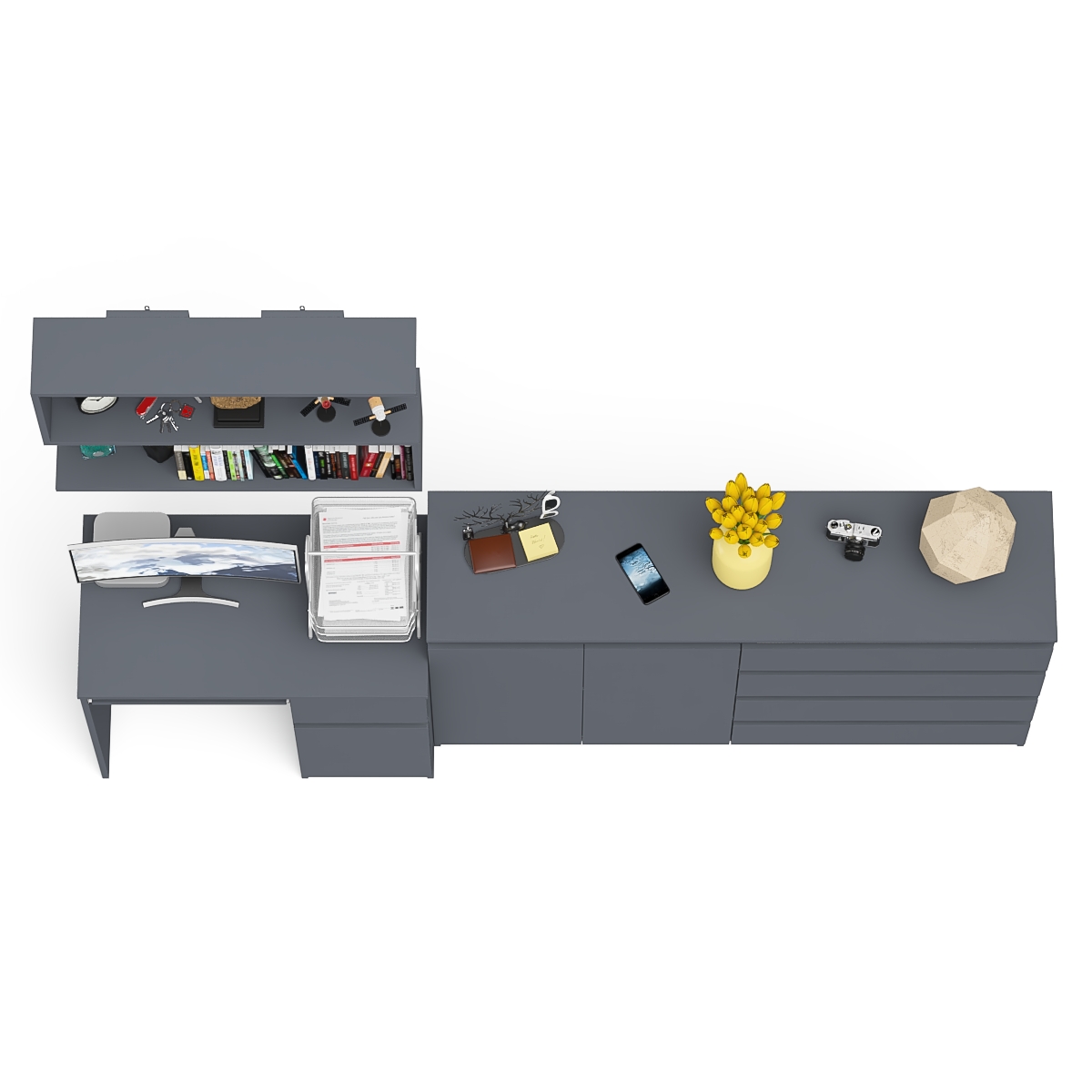 Стол компьютерный Мори МС-1 правый + Комод МК1600.1 + Полка 900, цвет графит, ШхГхВ 250,4х50х209,6 см., НЕ универсальная сборка